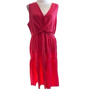 Calvin Klein Dresss Sz L Coral Pink Knee Length Crossover Tie Tier Scandi Indie
